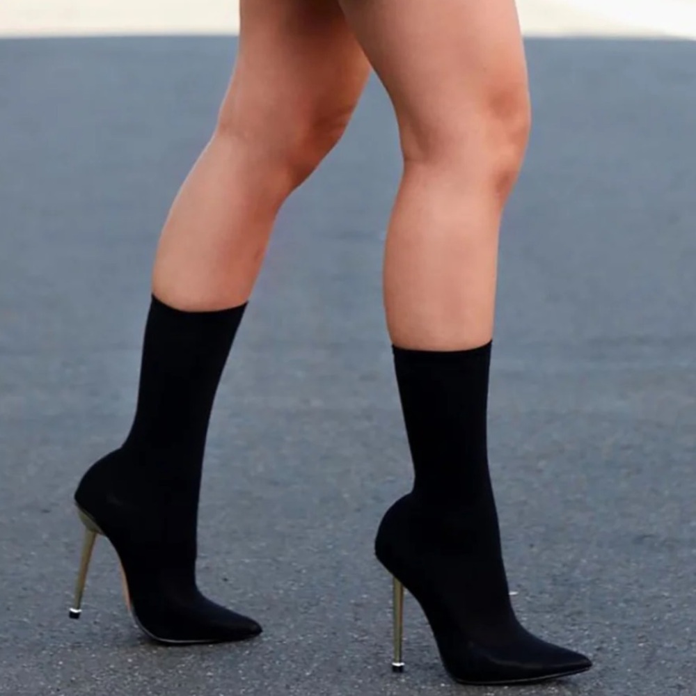 Black Stiletto Sock Boots with Gold Heels